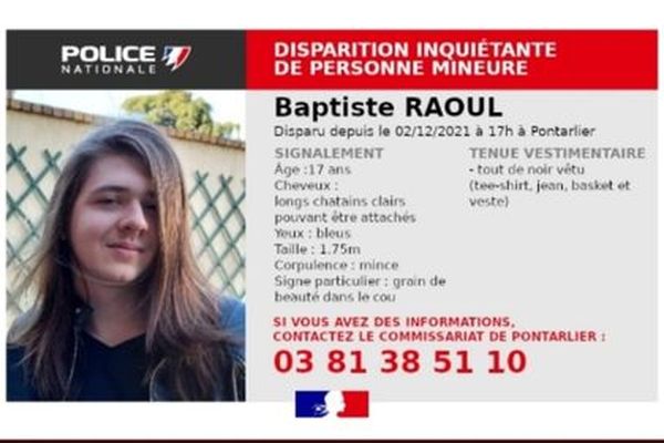 Baptiste, 17 ans n'a pas donné signe de vie depuis le 2 décembre, il a été vu pour la dernière fois à Pontarlier dans le Doubs.