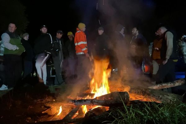 Une quinzaine de tracteurs et soixantaine d'agriculteurs de la Coordination rurale ont installé un campement au bord de l'A20 à Donzenac en Corrèze. 