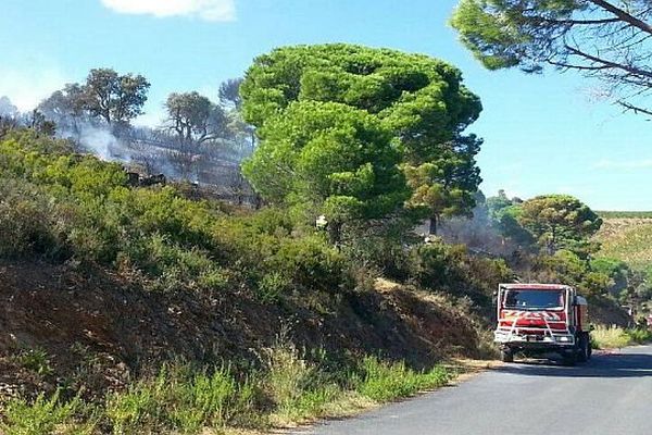 Banyuls-sur-Mer (Pyrénées-Orientales) - les pompiers du SDIS 66 interviennent sur un feu de forêt - 17 septembre 2015.