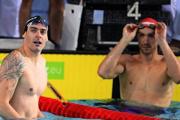 Camille Lacourt et Jérémy Stravius à la fin du 50m dos