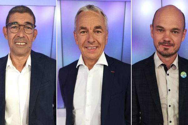 François Astorg (Divers écologistes), le maire sortant Jean-Luc Rigaut (UDI) et Denis Duperthuy (DVG) sur le plateau de France 3 Alpes.