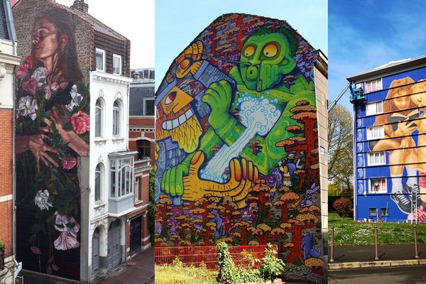 Trois oeuvres des Biennales internationales d'Art Mural du collectif Renart à Lille. Rue Alphonse Mercier (2021), métro Gambetta (2019), bvd Louis XIV (2019). 