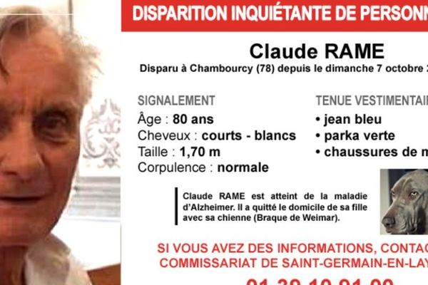 Claude Rame a disparu dans les Yvelines depuis le 7 octobre