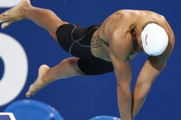 Florent Manaudou aux mondiaux de natation à Kazan en Russia le 7 août 2015. 