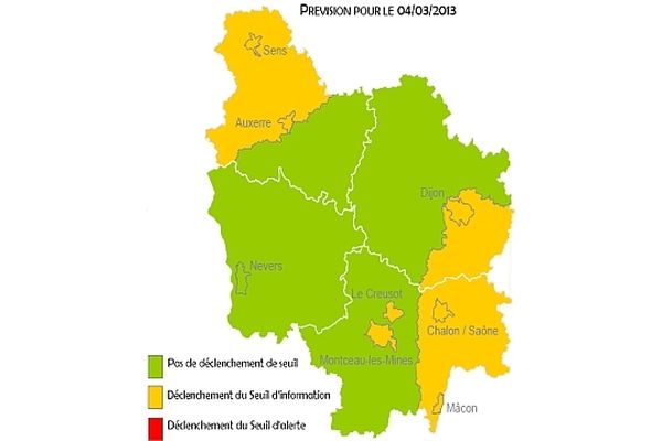 Un dépassement du seuil d'information à la pollution aux particules fines est de nouveau prévu lundi 4 mars 2013 sur une partie de la Bourgogne.