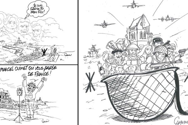 Dessins de Chaunu, extrait de D-Day Histoires mémorables du Débarquement et de la Bataille de Normandie, éd. Armand Colin, 2019