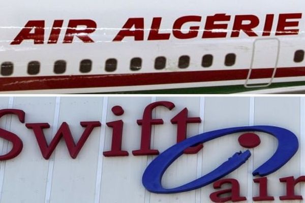 Combinaison des deux logos d'Air Algérie et de la compagnie espagnole Swiftair, après la disparition d'un avion parti du Burkina Faso vers l'Algérie, transportant 118 passagers dont 51 français