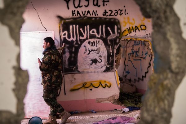 Le drapeau de Daech dans la ville de Sinjar reprise par les combattants kurdes