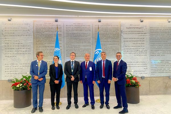 Le maire (LR) de Courbevoie, Jacques Kossowski, et Arash Derambarsh, adjoint au maire chargé du développement durable, entourés de la direction de la FAO, à Rome (Italie), le 24 octobre 2024