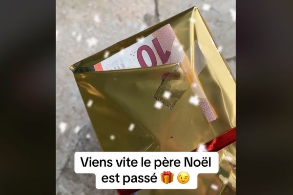 Dissimulation d'un billet sous un cadeau de sapin en public, diffusée ensuite sur TikTok.