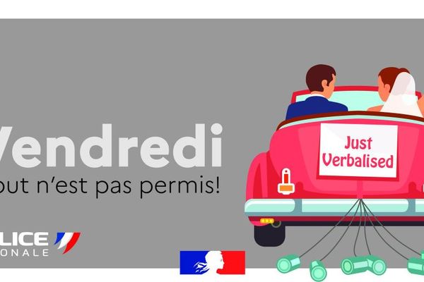 "Just verbalised", une pointe d'humour pour rappeler que se marier ne signifie pas être exemptés de respecter les lois, sanitaires et routières