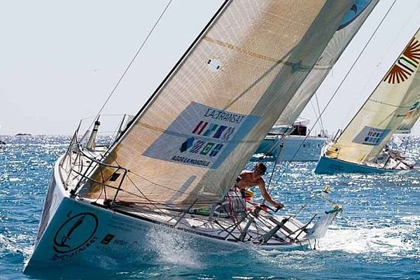 Alexia Barrier et Laurent Pellecuer à bord du Figaro 30 Corsaires, 3e de la Transat AG2R LA MONDIALE 2014 - St Barth le 28/04/2014.