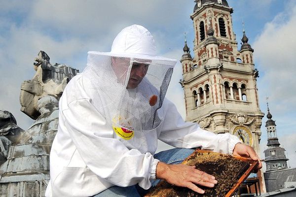 Un apiculteur sur les toits de l'opéra de Lille, en 2009