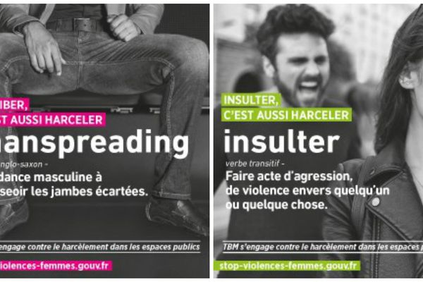 Deux des cinq affiches de la TBM pour la campagne contre le harcèlement dans les transports. 