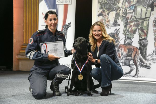 Elisa et Lab lors de la remise des Trophées des Chiens Héros à la Mairie de Paris