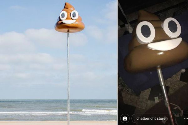 Le "Zeemoji" crotte sur la plage / Le "zeemoji" volé et publié sur Instagram...