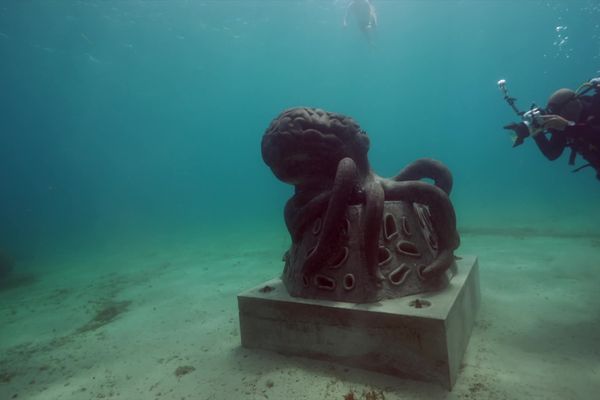 LA 11ème statue a rejoint les dix précédentes dans la galerie Albert Falco au large de la plage des Catalans à Marseille dans le musée Subaquatique.