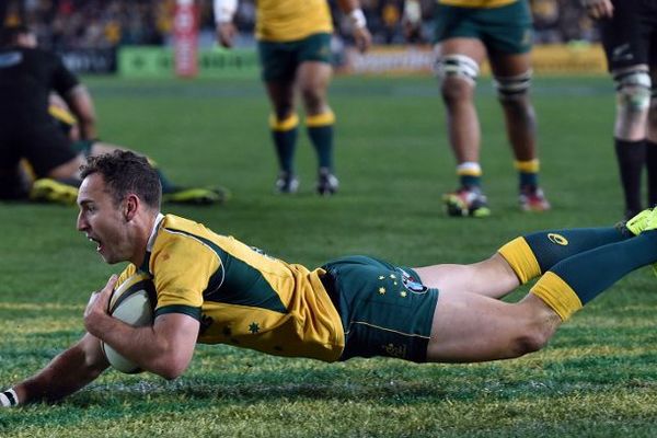 Le néo-Montpelliérain et international australien Nic White marque un essai face à la Nouvelle-Zélande pour un match de Rugby Championship à Sydney - 8 août 2015