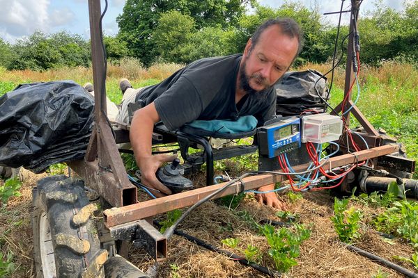 Emmanuel Mury a mis au point "Sherpa", un charriot électronique qui lui permet de récolter ses légumes allongé. Il évite ainsi les douleurs aux genoux et au dos, qui font souffrir les agriculteurs.