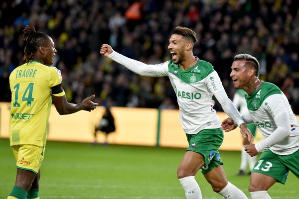 La joie de Denis Bouanga auteur d'un doublé (34e et 67e) et de Miguel Trauco qui a ouvert le score pour les Verts à la 22e