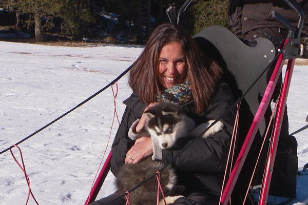 Sandra Canal et le jeune husky, Chance. La randonnée en chiens de traîneaux est l'une des activités proposées par la station de ski du Cambre d'Aze.