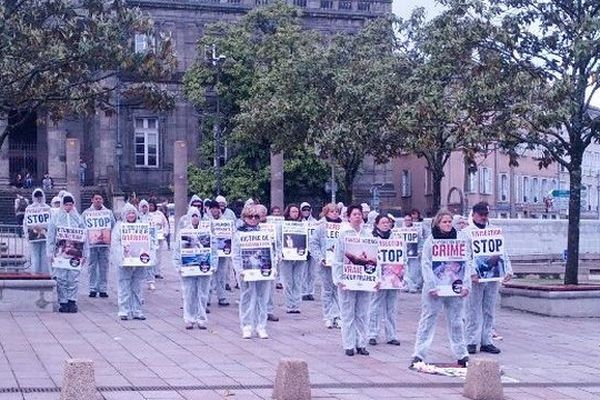 Happening contre l'utilisation des animaux dans les laboratoires de recherche, cet après-midi place d'Aine, à Limoges.