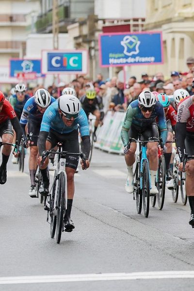 Milan Fretin, coureur belge de l'équipe Cofidis remporte la première étape des 4 jours de Dunkerque au Touquet le 14  mai 2024.