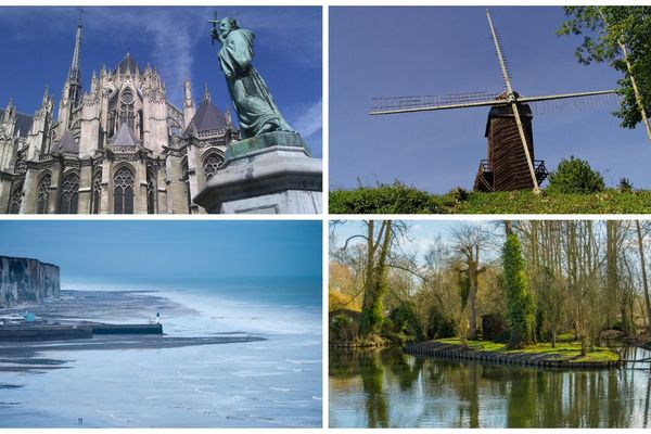 De gauche à droite et de haut en bas : la cathédrale d'Amiens ; moulin à Daours ; baie de Somme ; hortillonnages d'Amiens ;