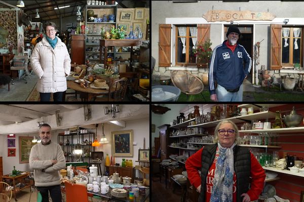 Jacqueline Van Oosterhout, Franck Pessin, David Labeylie et Caroline Gavin, les "trois mousquetaires" de la Brocante à Forgès en Corrèze.