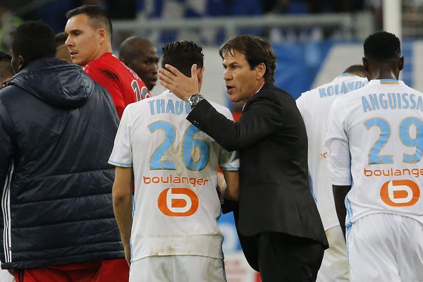 La joie de Rudi Garcia après la victoire de l'OM contre Caen lors de la 13e journée de Ligue 1.