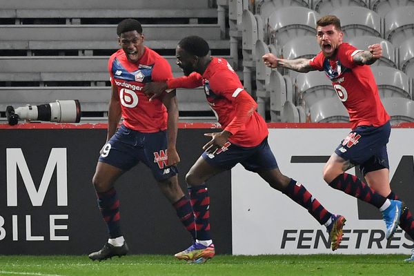 La joie des joueurs du LOSC après un des deux buts de Jonathan David face à Marseille, le 3 mars.