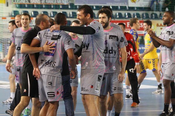 Les joueurs de cesson Rennes Metropole se congratulent à l'issue du match