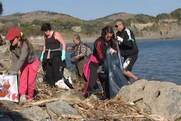 Nettoyage de printemps sur une plage de l'anse de Paulilles dans les Pyrénées-Orientales