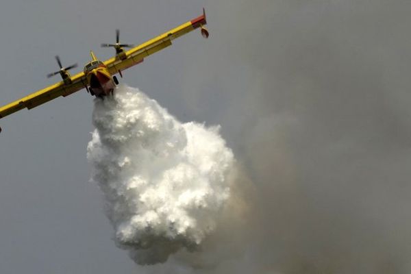 Un avion bombardier lâche de l'eau sur les flammes.