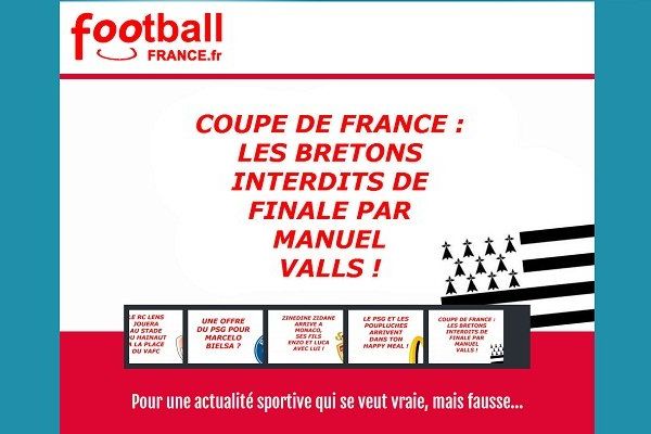 La page d'accueil du site d'informations parodiques FootballFrance.fr se joue de la finale de la Coupe de France 