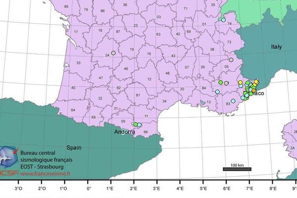 Seisme d'intensité 2 à la limite Aude/Andorre d'après le Bureau central sismologique de Strasbourg.