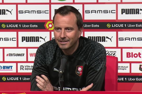 Julien Stéphan, l'entraîneur du Stade Rennais, lors de la conférence de presse du 2 avril 2024, avant la demi-finale de Coupe de France face au PSG