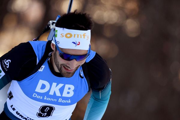 Martin Fourcade lors de la Coupe du monde de biathlon au Grand-Bornand (Haute-Savoie).