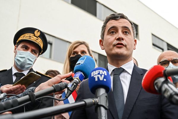 Le ministre de l'Intérieur, Gérald Darmanin, le 15 février 2021, lors de l'inauguration d'un nouveau commissariat à Annemasse en Haute-Savoie.