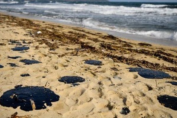 La plage de Pamelone à Ramatuelle, dans le Golfe de Saint-Tropez, le 18 octobre 2018. La pollution aux hydrocarbures provient déjà de la collision au large du Cap Corse début octobre. 
