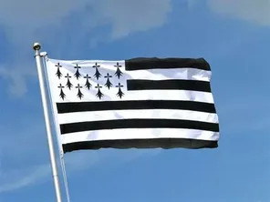 Le drapeau breton avec ses 11 hermines sous forme héraldique, en haut à gauche.