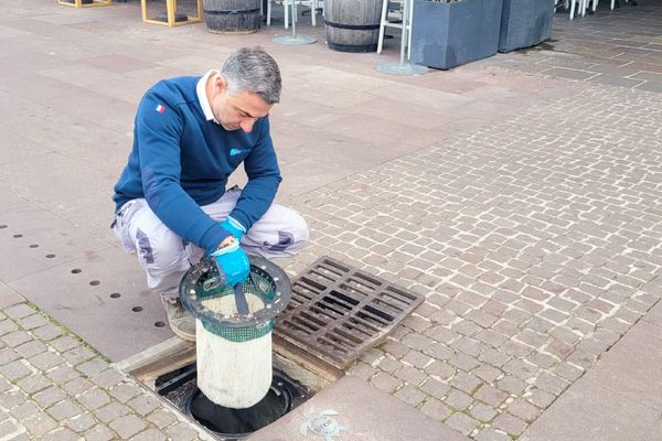 Stephane Asikian, de la société pollustock, vérifie un des collecteurs installés dans les égouts de Mandelieu-la-Napoule pour recueillir les déchets et éviter qu'ils ne terminent dans la mer.