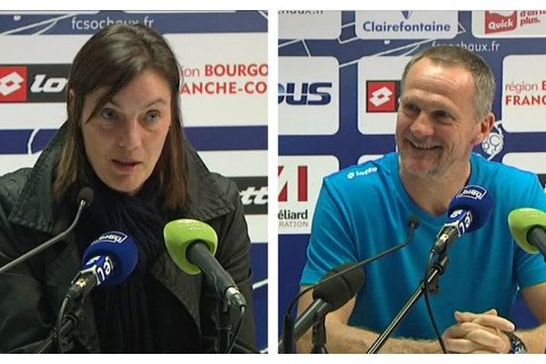 Corinne Diacre et Albert Cartier, les entraîneurs de Clermont et de Sochaux, réagissent après le match