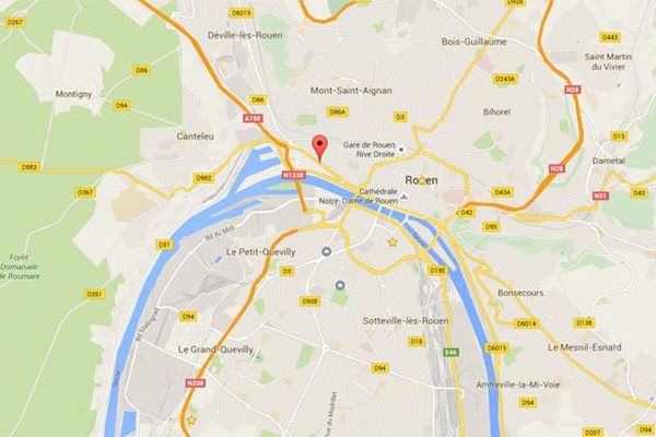 Le secteur du Mont Riboudet à Rouen est indiqué par la marque rouge. 