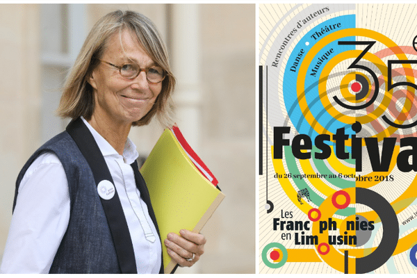 Françoise Nyssen quitte l'Elysée le 19 septembre après le Conseil des ministres. À droite, l'affiche de la 35e édition des francophonies du Limousin. 