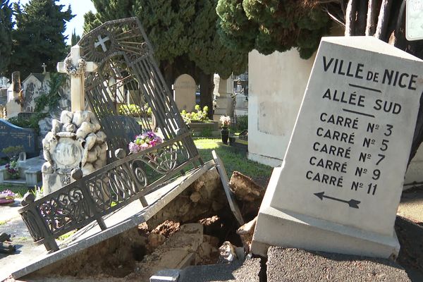 Le cimetière de l'ouest niçois a été très impacté par les pluies de ce début de mois de mars. Jusqu'à 80 tombes sont concernées par des dégâts importants.