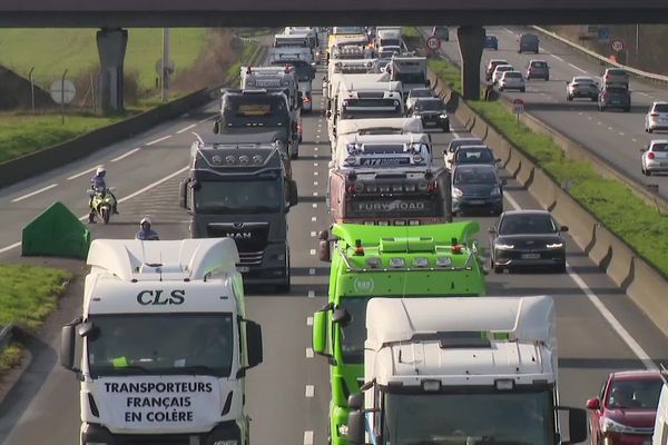 Une quarantaine de routiers ont mené une opération escargot ce samedi 12 mars 2022, depuis Dourges et Steenvoord, sur l'A1 et l'A25, à destination de Lille, contre la hausse du prix des carburants.