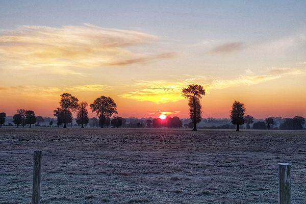 Lever de soleil sur les champs givrés vers Bain de Bretagne.