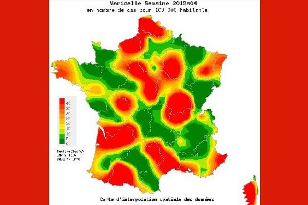 Pour la semaine du 19 au 25 janvier 2015, le réseau Sentinelles a recensé un foyer important de varicelle en Bourgogne (100 cas pour 100 000 habitants).