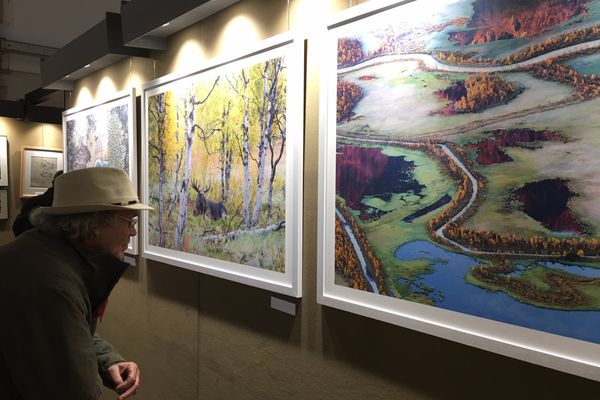 Un visiteur devant les paysages lapons capturés par le couple norvégien Orsolya et Erlend Haarberg.